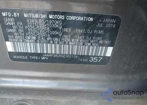 2016 Mitsubishi Outlander Sport 2.0 Es из США, поврежденный, VIN JA4AP3AU5GZ062108